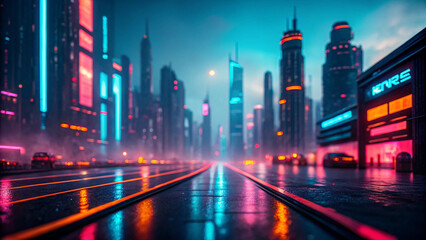 Neon Cyberpunk Cityscape at Night with Wet Streets and Glowing Buildings image photo Background