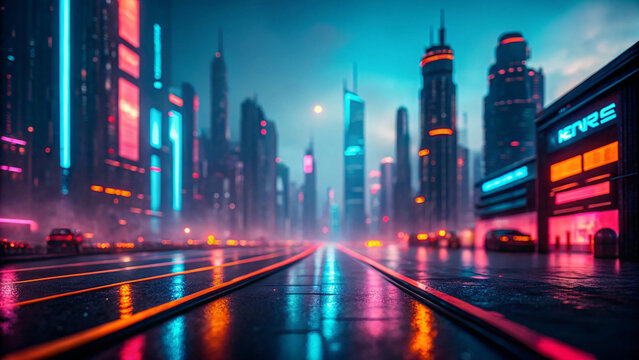 Neon Cyberpunk Cityscape at Night with Wet Streets and Glowing Buildings image photo Background