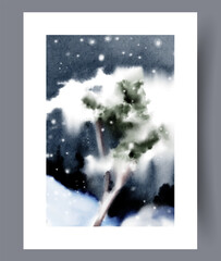 serene winter image featuring softly focused pine branch and drifting snowflakes for abstract backgrounds