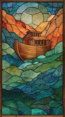 Noah's Ark Stained Glass: A depiction of Noah's Ark, a vessel of hope, sailing through turbulent waters, set against a colorful stained-glass backdrop, evoking themes of faith and resilience.