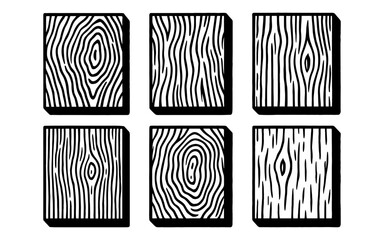 Monochrome wood grain patterns: circular and linear variations in minimalist squares