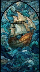 Seafaring Vessel's Odyssey: A majestic sailboat navigates the turbulent seas, depicted in the captivating stained glass, inviting viewers on a journey of exploration and adventure.