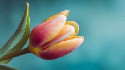 Fototapeta premium Vibrant pink and yellow tulip bloom rests against a soft teal background