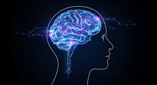 A clean, abstract representation of a human head profile (outline only) with a series of glowing digital lines or circuits seamlessly integrating into the area where the brain would be. Human-
