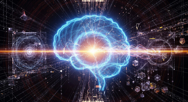  A radiant, glowing abstract brain shape at the center, with numerous faint, complex data streams and geometric patterns flowing into and out of it, suggesting the synthesis of vast information.