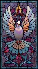 Stained Glass Dove: A vibrantly colored stained glass artwork featuring a dove with outstretched wings, symbolizing peace and spirituality.