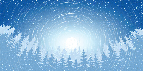 Winter vector illustration, snowstorm against the sun, coniferous forest