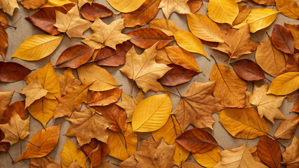 Overhead View of Assorted Autumn Leaves in Warm Earthy Tones fall leaf Background