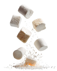 Several marshmallow squares, various shades of white and beige, are suspended in mid-air, seemingly bursting from a pile of powdered sugar or similar confectionery