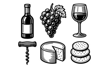 Naklejka premium Wine and cheese set: vintage style with grapes, wine glass, bottle, cheese, and crackers