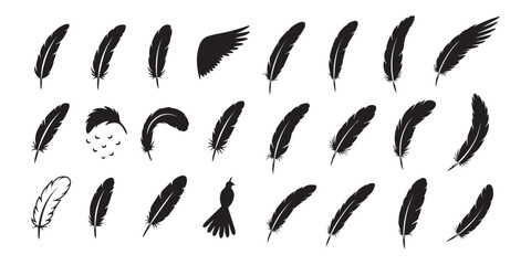 Black feather silhouette vector set. Different bird feathers icon collection. Bird feathers vector illustration, hand-drawn feather collection.
