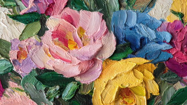 Decorative still-life: vivid flowers rendered in oil paint with impasto texture