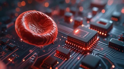 A futuristic concept of biotechnology showing a single red blood cell resting on a glowing electronic circuit board. - Powered by Adobe