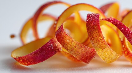 Delicate apple peels arranged as spiraling ribbons, vivid color and texture