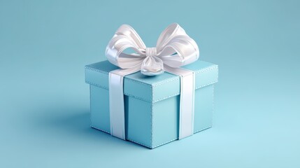 Fototapeta premium Delicate baby blue present with white ribbon on soft blue surface, modern 3D illustration