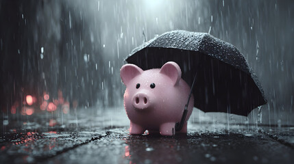 Piggy bank under umbrella in rain depicting financial security and protection concept