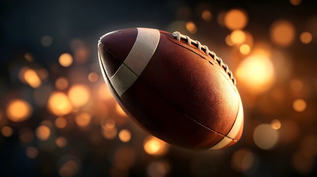 Brown oval shaped ball designed for a popular field sport hangs suspended against a dark, glittering background.