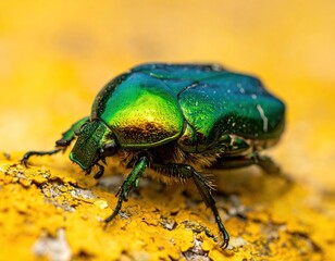 Naklejka premium Closeup of Green Jewel Scarab Beetle on Yellow Surface