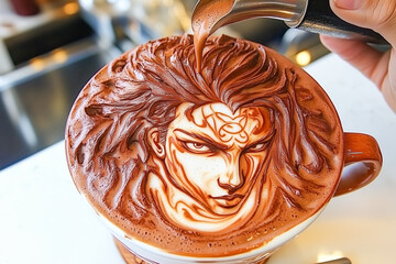Person pouring a latte, creating intricate latte art on the surface of the coffee