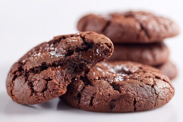 Fototapeta premium Delicious chocolate cookies with gooey centers and crumb detail on white background