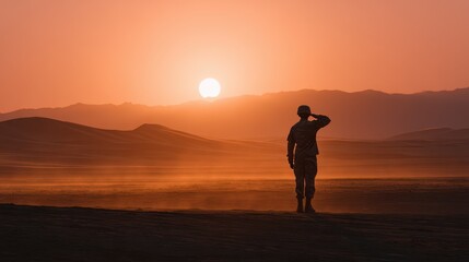 Desert Dawn Silhouette: Soldier Saluting at Sunrise