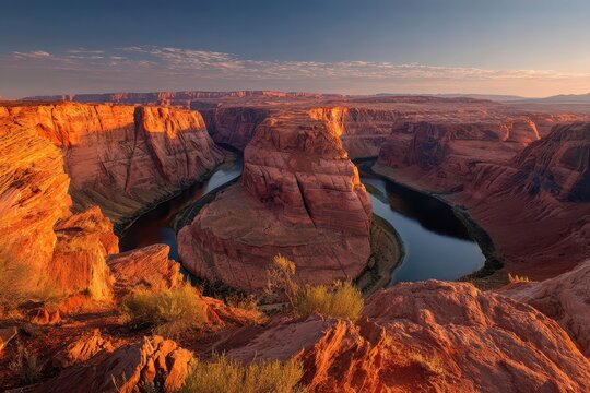 Desert canyon landscape with winding river and layered cliffs at dusk