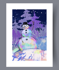 Dynamic portrayal of festive snowman amid luminous winter scenery