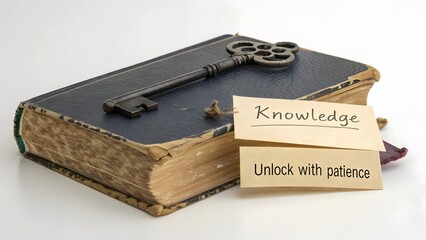 Old key resting on a closed book with a knowledge note