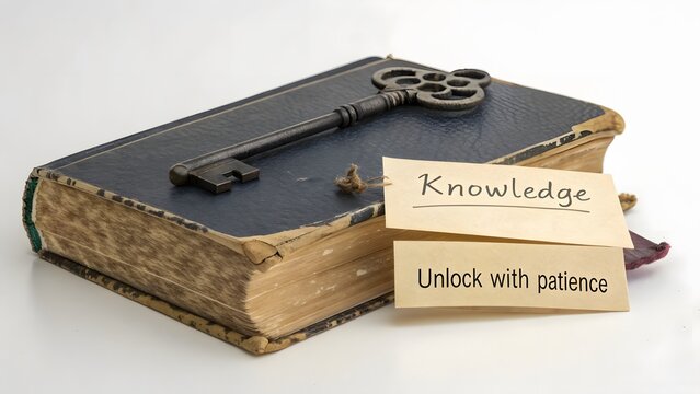 Old key resting on a closed book with a knowledge note - Powered by Adobe
