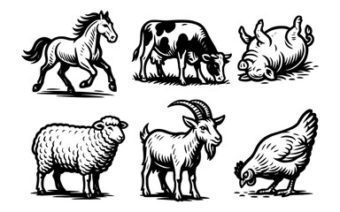 Naklejka premium Farm animals set in bold retro style: horse, cow, pig, sheep, goat, chicken