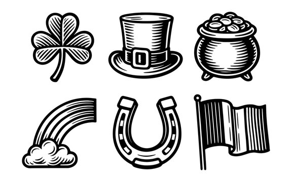 Vintage st. patrick's day icons with shamrock, leprechaun hat, and pot of gold - Powered by Adobe
