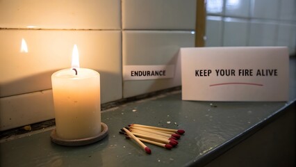 A burning candle in a dimly lit corner providing light