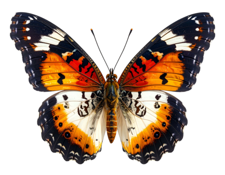 Vivid butterfly with orange, white, black, and red wings