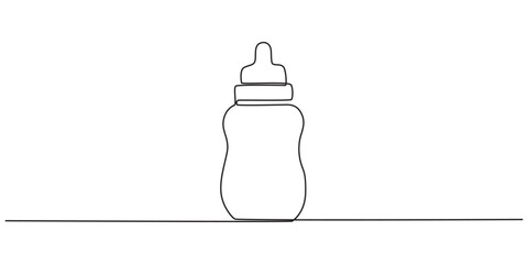 One continuous line drawing of baby feeding bottle and pacifier Baby milk bottle and pacifier outline vector illustration. one line Icon drawing with white background