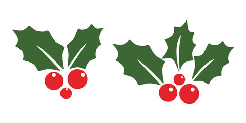 Holly berry icons set. Green and red Chritmas logo wirh holly berry. Holly berry icons set, Chritmas logo wirh holly berries. Holly berry icons. Cartoon holly leaves and berries. Chritmas logo wirh  