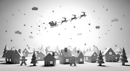 Monochromatic christmas village scene with santa and reindeer flying above