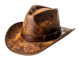 Rustic distressed leather cowboy hat with detailed embossing