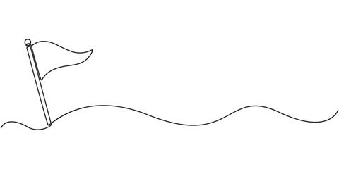 Continuous one line empty, white flag drawing. Flag Vector illustration, Single Line Drawing of a Flag with Editable Stroke and Copy Space, Continuous one line art billowing flag icon.