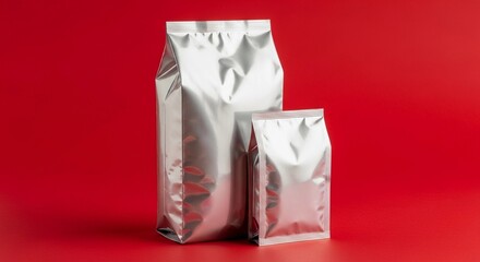 Two metallic silver block-bottom bags, a large and a smaller one, showcasing packaging mockup against a vibrant red background.