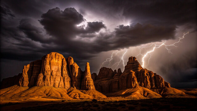 Powerful lightning strike illuminates desert rock formations during a dramatic storm mesa Background