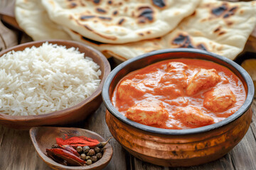 Rich and creamy butter chicken served with naan bread and a side of basmati rice