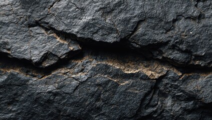 Close-up of dark, textured rock with a prominent crack exposing a golden interior