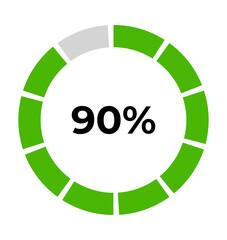 90 percent circular progress indicator PNG with transparent background, segmented dark-green ring loading meter in clean modern UI design for dashboards, workflow visuals, and analytic reports.