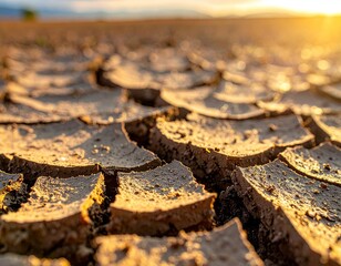 Closeup View of Dry Cracked Earth at Sunset