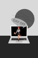 Vertical 3d art pop image collage of happy girl guy stand bubble speech day-off holiday weekend relax vacation travel concept