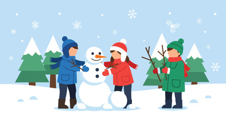 Children Building a Snowman in Winter Landscape.