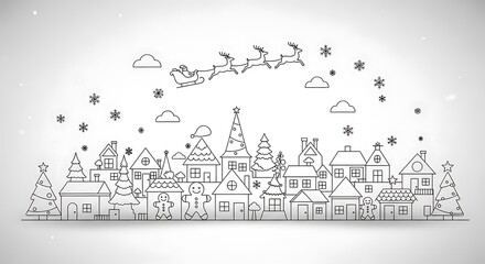Christmas town drawing with santas sleigh
