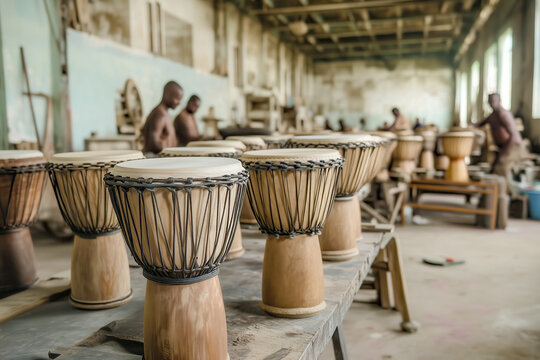 Row of djembes in a workshop, with artisans handcrafting and tuning the drums