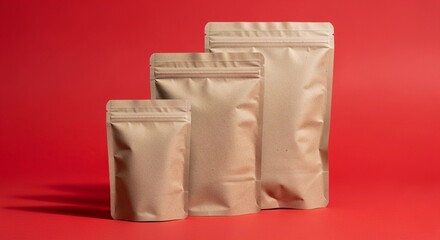 Three blank, unbranded kraft paper stand-up pouches with zip locks in small, medium, and large sizes on a bright red background.
