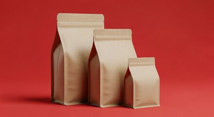 Three blank brown kraft paper block-bottom bags with zip locks, showcasing different sizes against a bright red background.